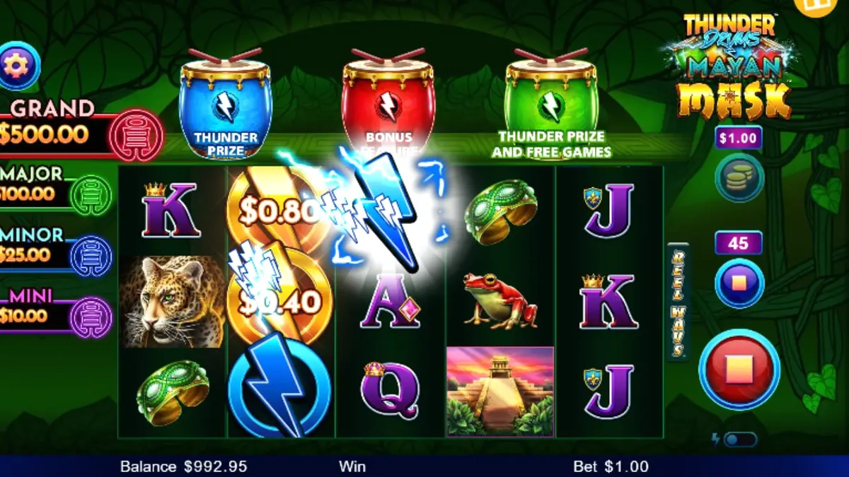 Tampilan visual slot Thunder Drums Mayan Mask dengan elemen kuil kuno dan topeng emas.