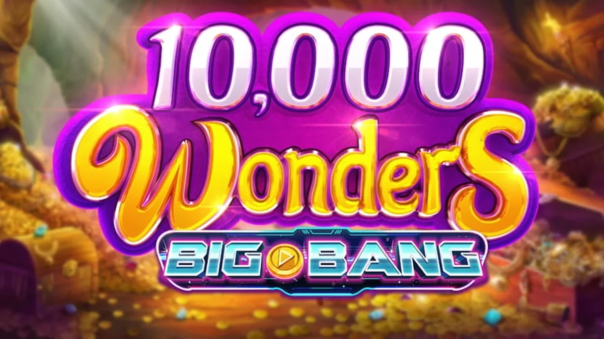 Tampilan visual dinamis dari slot 10,000 Wonders Big Bang dengan latar belakang bertema megah.